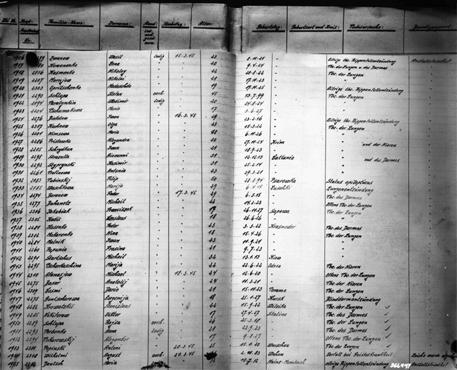 Two pages of the death registry at Hadamar listing false causes of death