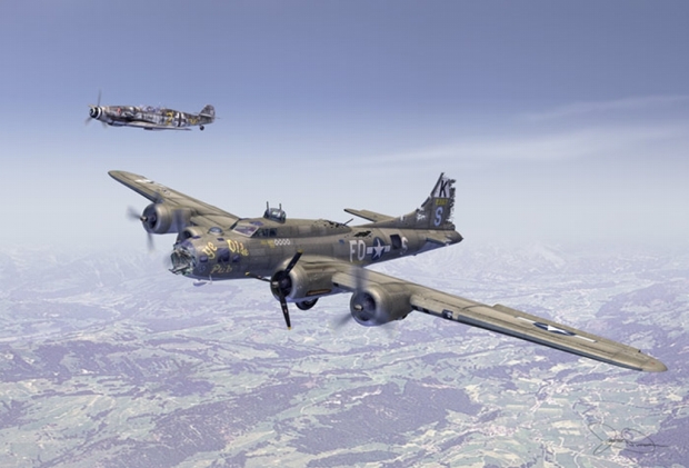 B-17F_Ye_Olde_Pub_in_front___Bf_109_In_back_as_escort