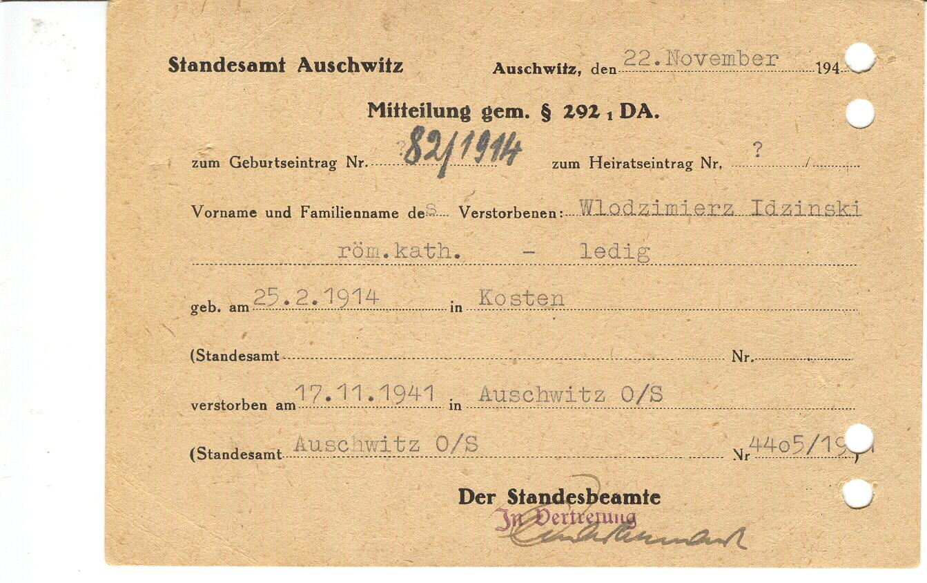 auschwitz - death notice