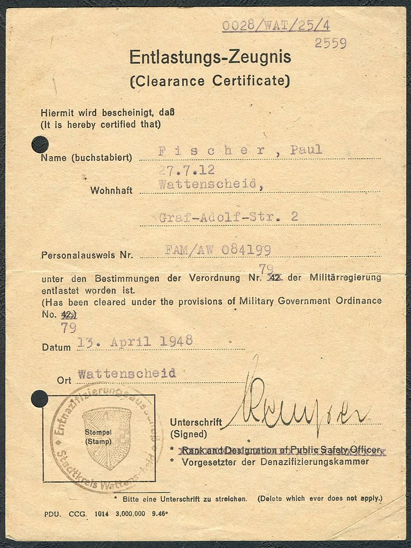 800px-Amtsdokument_Paul_Fischer_1948_Zivilist_Entlastungs-Zeugnis_Clearance_Certificate_Entnazifizierungsausschuß_Stadtkreis_Wattenscheid