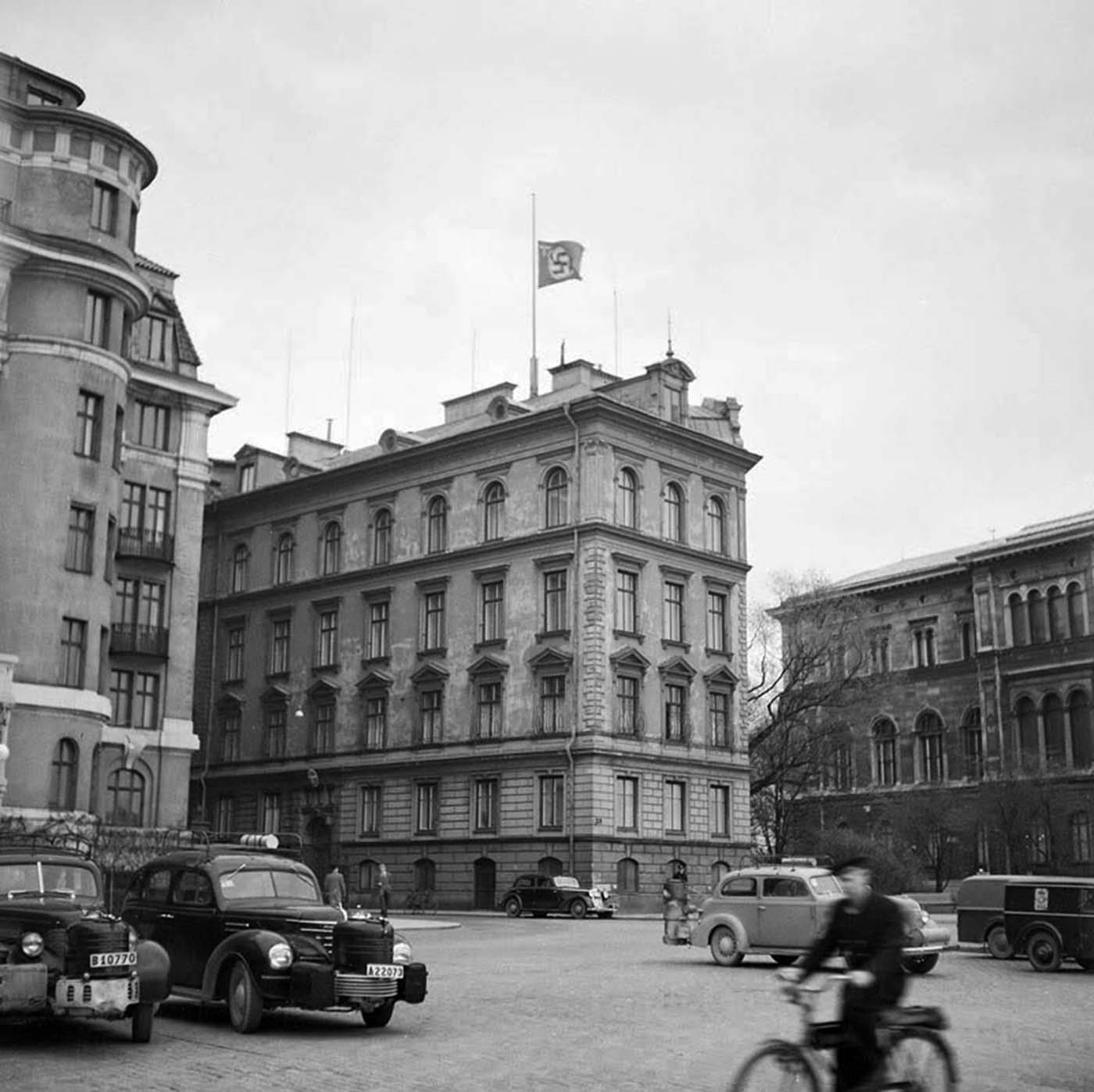 The German embassy in Sweden flying the flag at half mast the day Hitler died, April 30th 1945