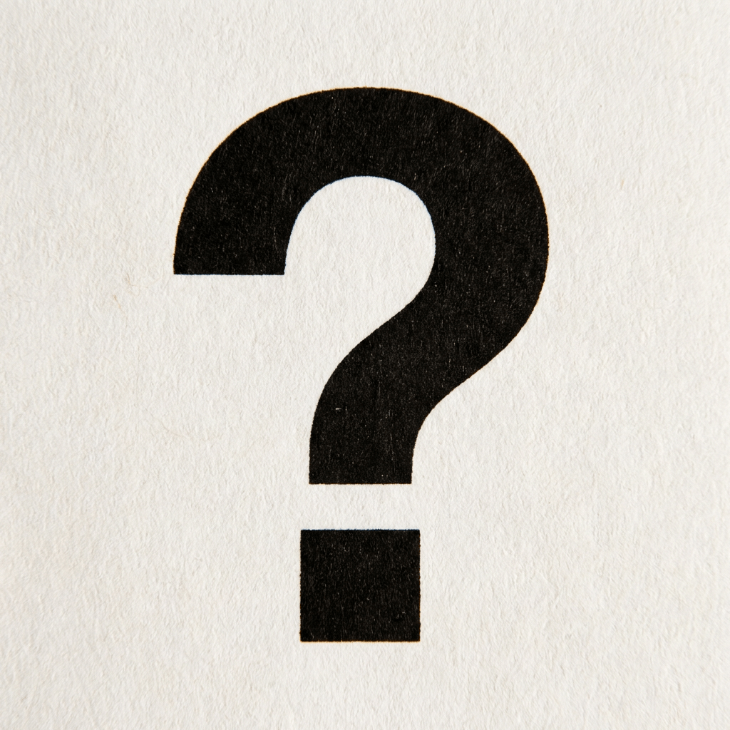 A bold black question mark centered on a textured off-white background.