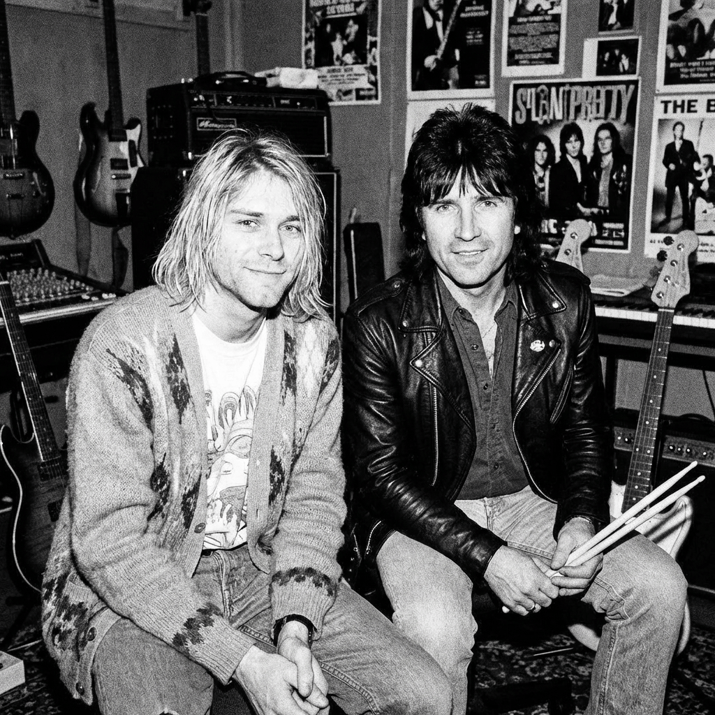 Kurt Cobain and Steve Diggle sitting in a studio with guitars and posters.