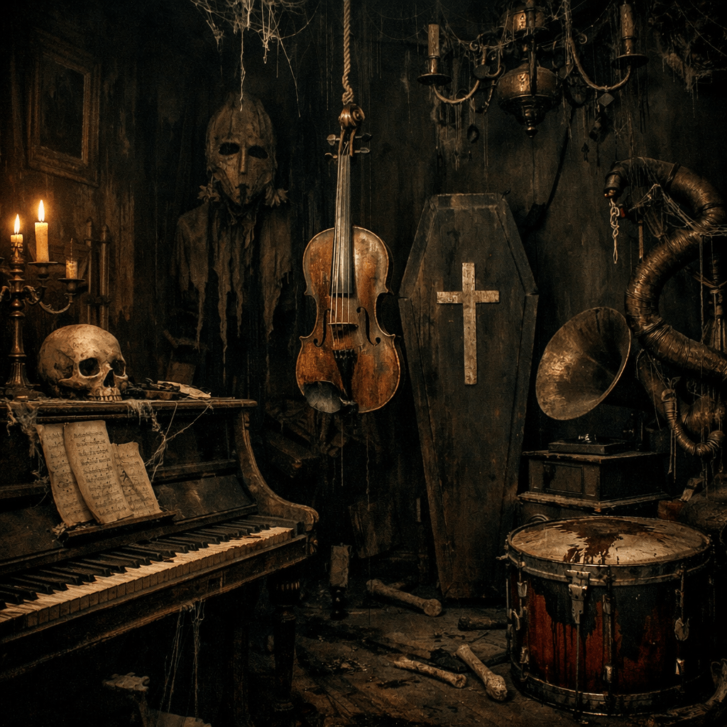 Old musical instruments including piano, violin, drum, skull, coffin with cross, and creepy figure