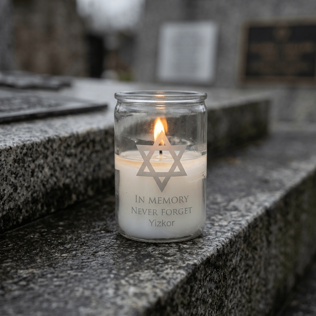 Lit candle in glass jar with Star of David and text 'In Memory Never Forget Yizkor' on stone surface