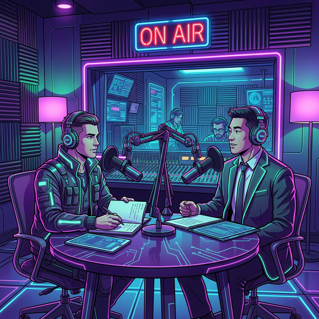 Job interview between a woman in a blue blazer and a man in a suit at a round wooden table