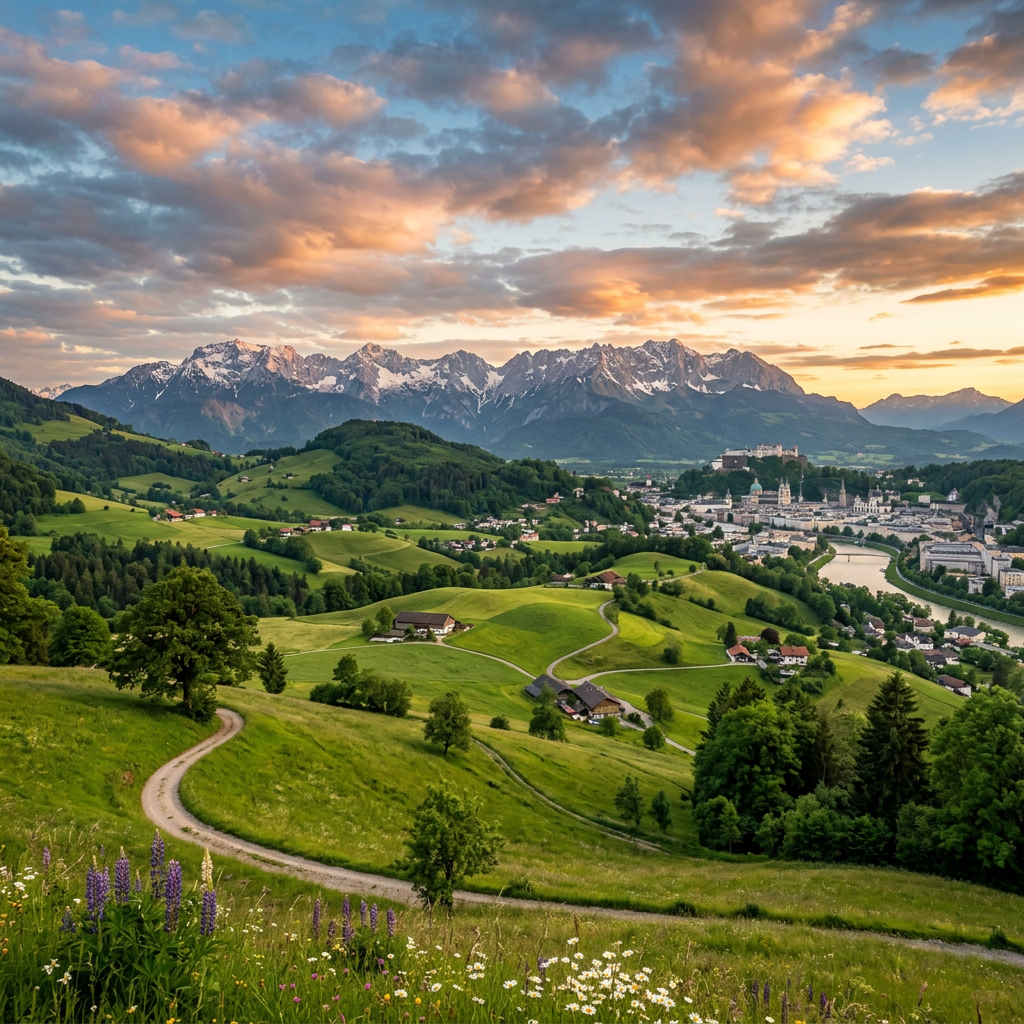 Green rolling hills with scattered houses, a winding road, river, and snow-capped mountains under a colorful sunset sky