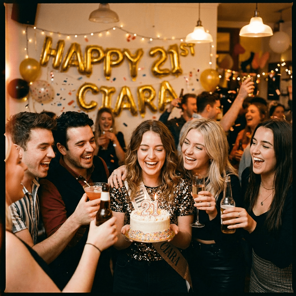 Group of friends celebrating Chloe's 21st birthday with cake and drinks