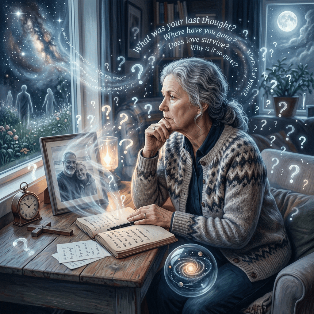 Older woman reflecting beside a photograph, journal, cosmic globe, and floating questions